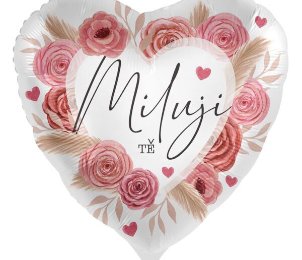 Foliový balonek Miluji tě – růžové květy CZ – 43cm